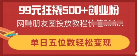 99元狂撬500+创业粉，单日五位数轻松变现，网创朋友圈投放教程-小飞项目网