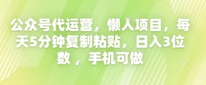 公众号代运营，懒人项目，每天5分钟复制粘贴，日入3位数 ，手机可做-小飞项目网